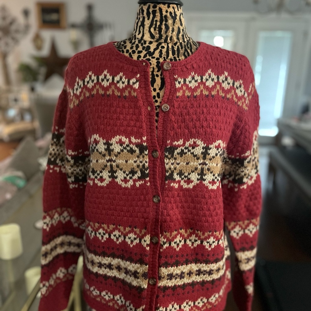Eddie Bauer Red and Brown Patterned Cardigan
